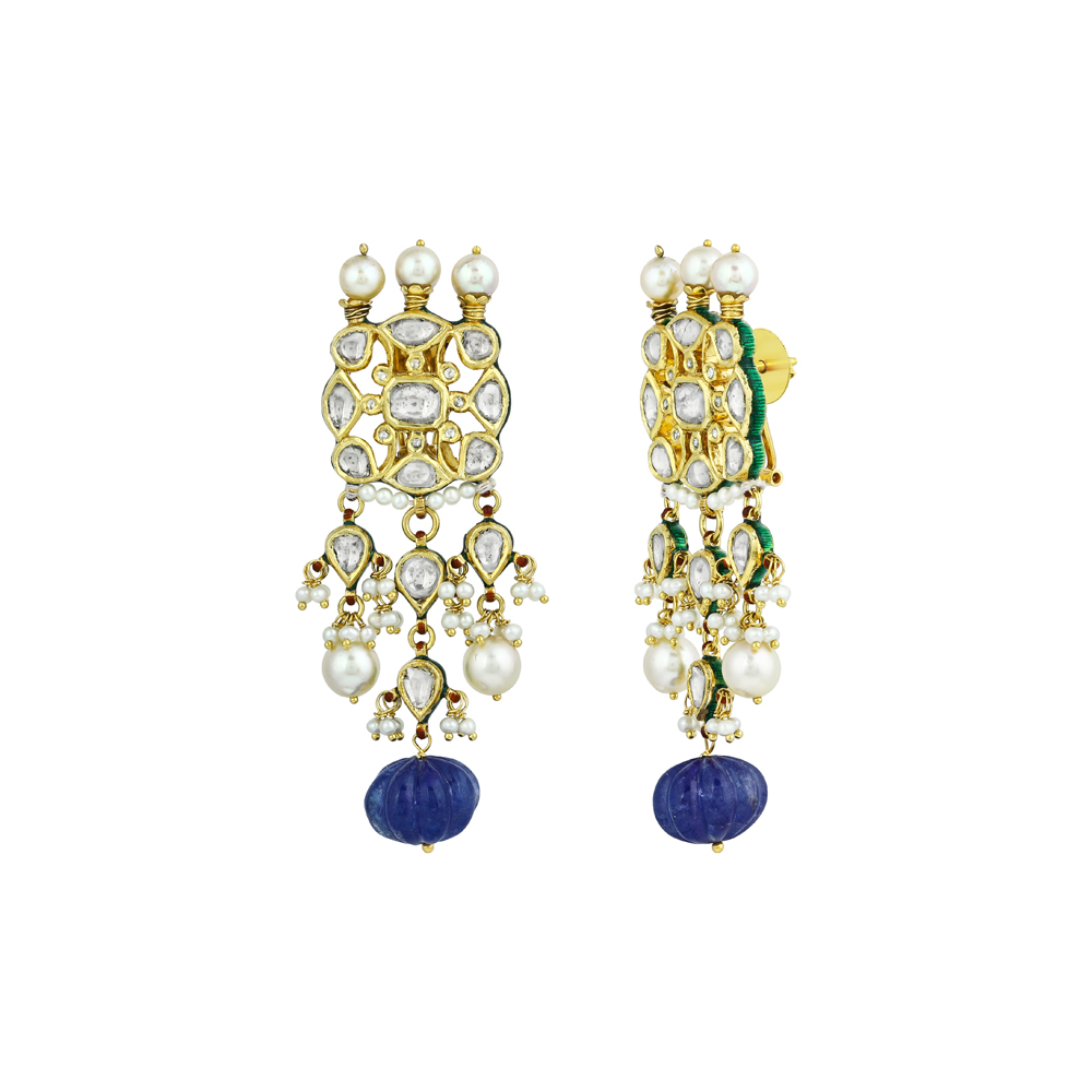 Polki Earring with Carved Blue Bead and Pearl Drops